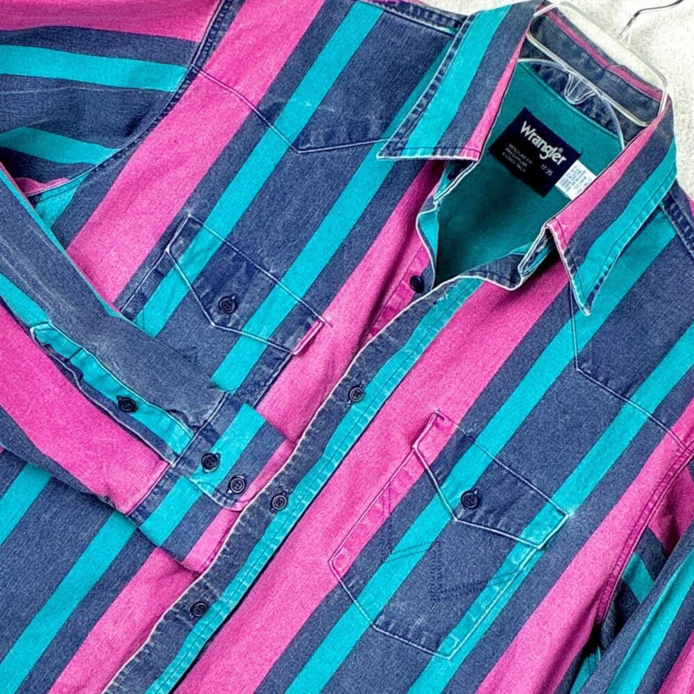 VTG Wrangler Brushpopper Shirt Men XL 17-35 Blue Pink Green Striped Cowboy USA - Picture 2 of 13